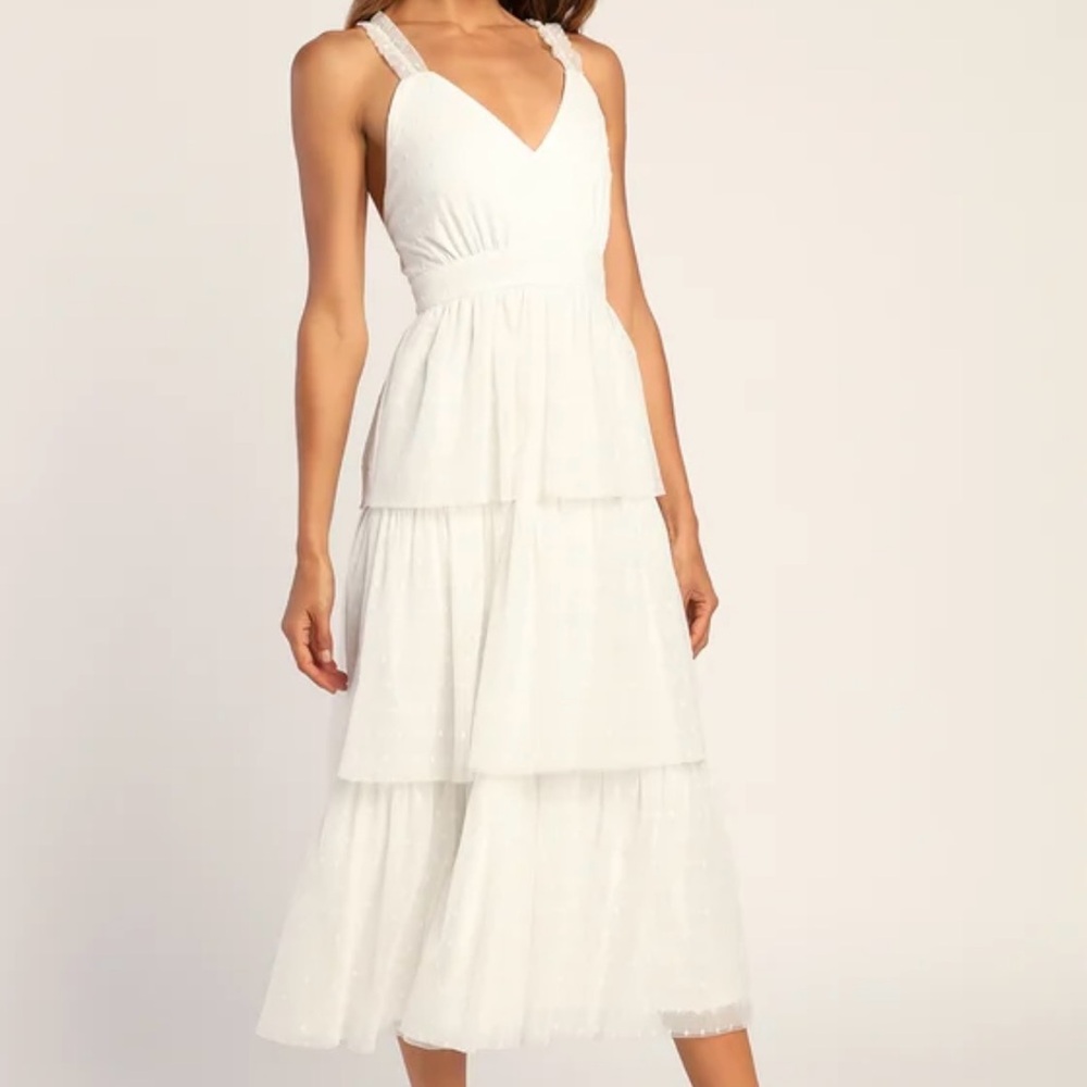 Lulu's Tier Perfection White Swiss Dot Ruffled Midi Dress Cocktail Size M
